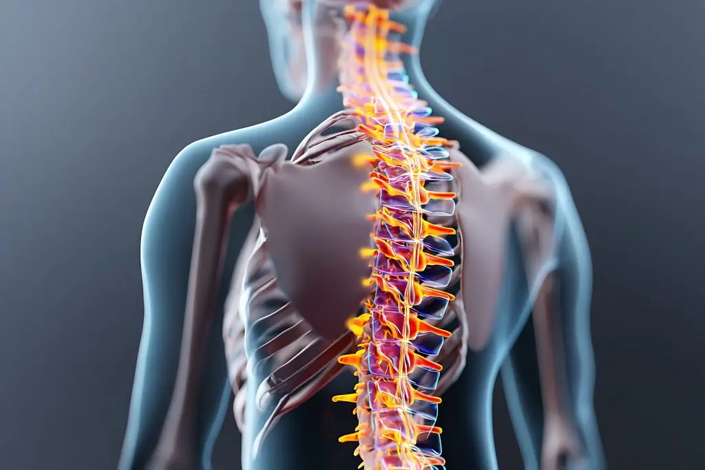 Illustration anatomique de la colonne vertébrale montrant l’axe vertical, support de la circulation de l’information et de l’équilibre fonctionnel en ostéopathie hémodynamique.